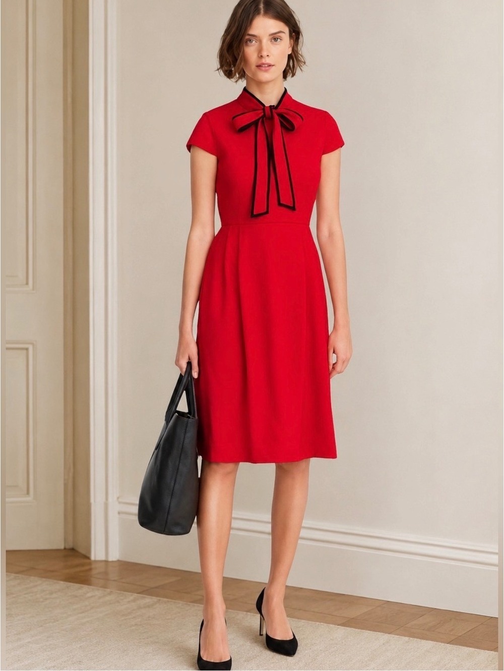 J.Crew Red Tie Neck Bow Accent Cap Sleeve Dress Size 2 Modern Preppy Workwear